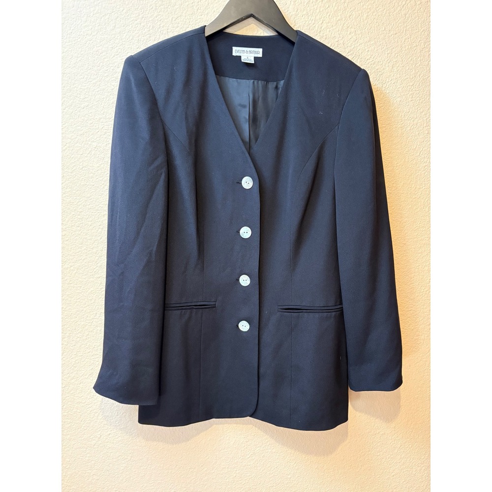 Evelyn & Arthur Black 100% Silk Collarless Blazer Jacket Women Small V-Neck